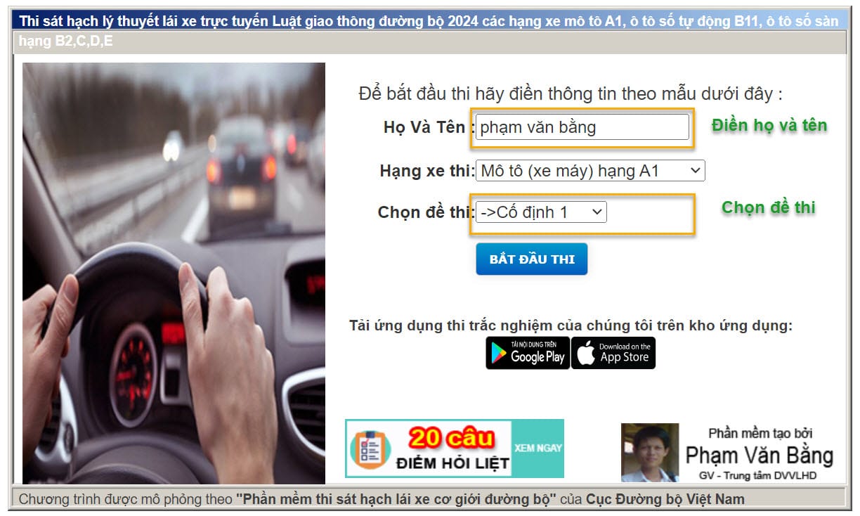 Giao diện đăng ký và bắt đầu thi thử bằng lái hạng A1 trực tuyến