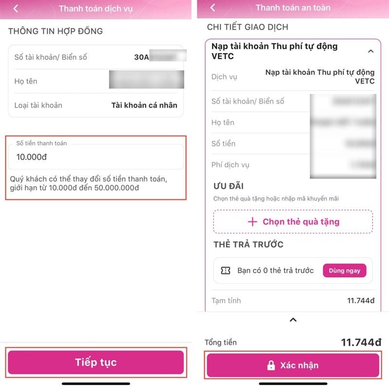Giao diện nhập số tiền cần nạp vào tài khoản VETC trên MoMo