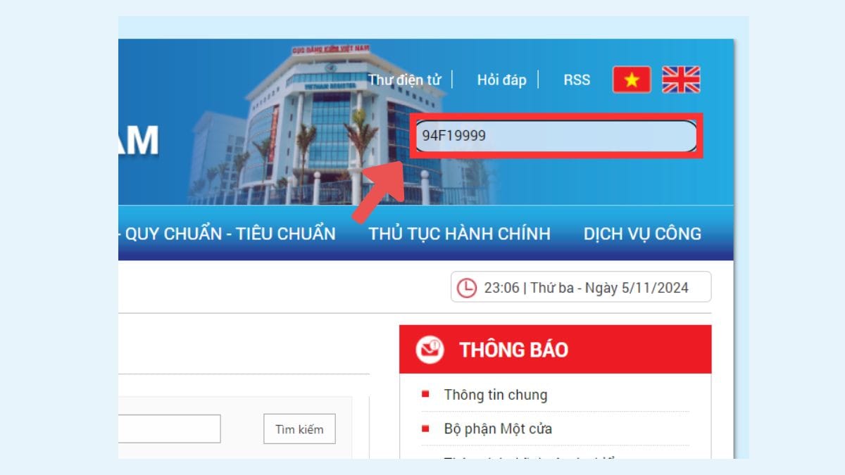 Giao diện nhập thông tin biển số xe 94 để tra cứu trực tuyến