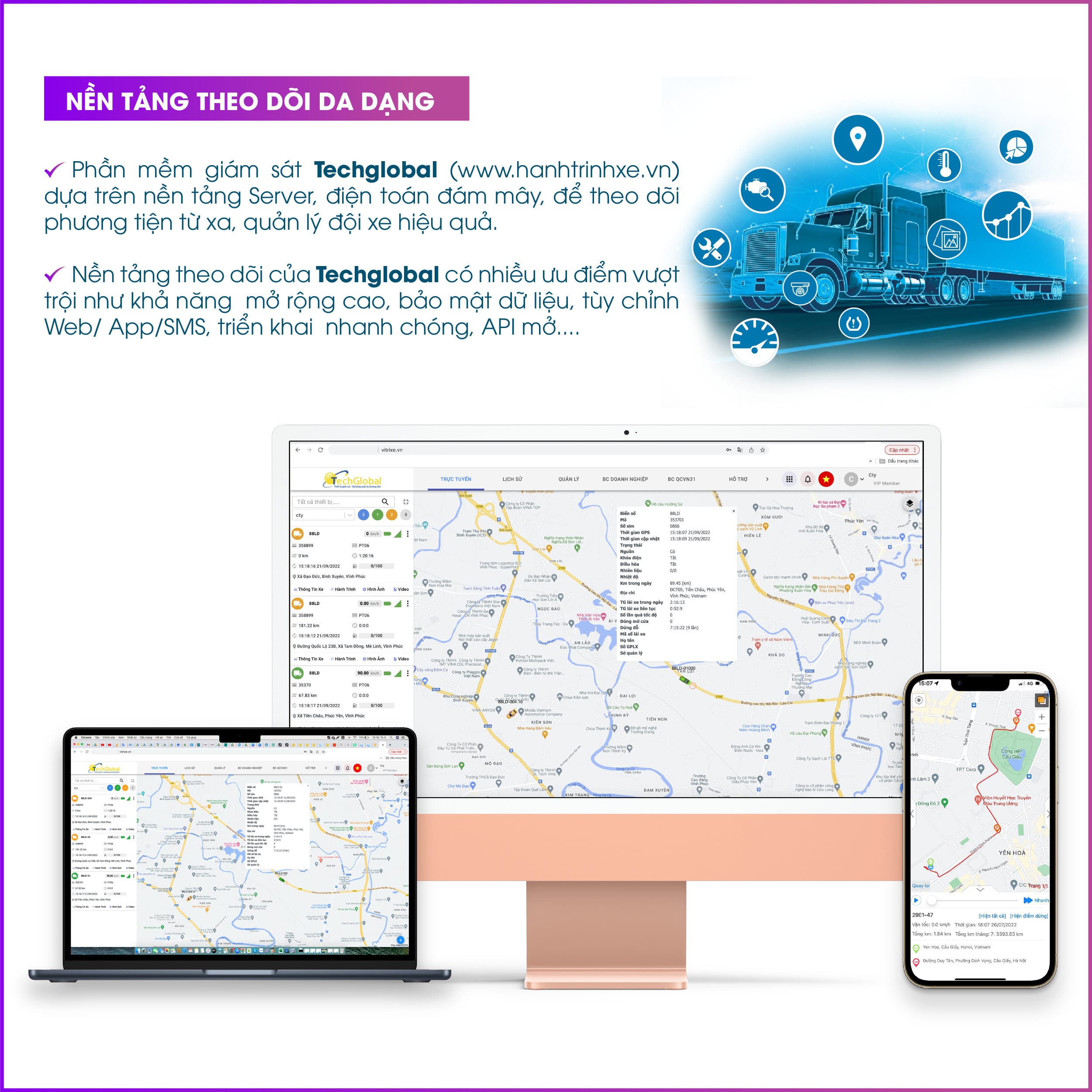 Giao diện theo dõi hệ thống giám sát hành trình trên nhiều nền tảng