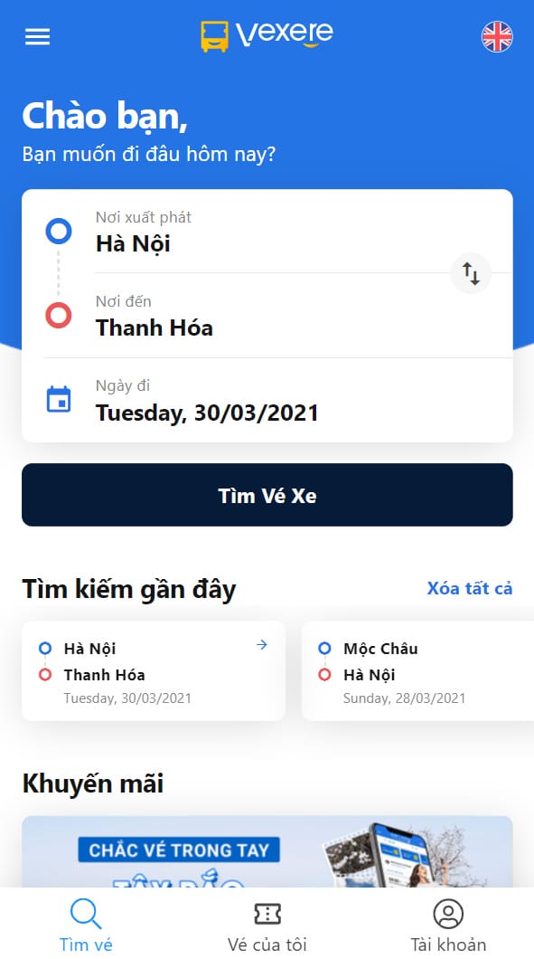 Giao diện tìm kiếm chuyến xe từ Hà Nội đi Thanh Hóa trên VeXeRe