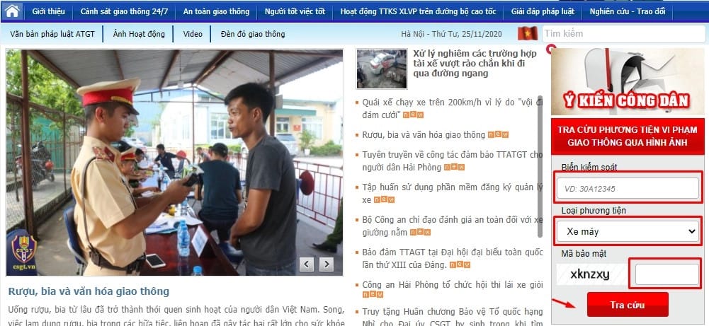 giao diện tra cứu phạt nguội Cục Cảnh sát giao thông