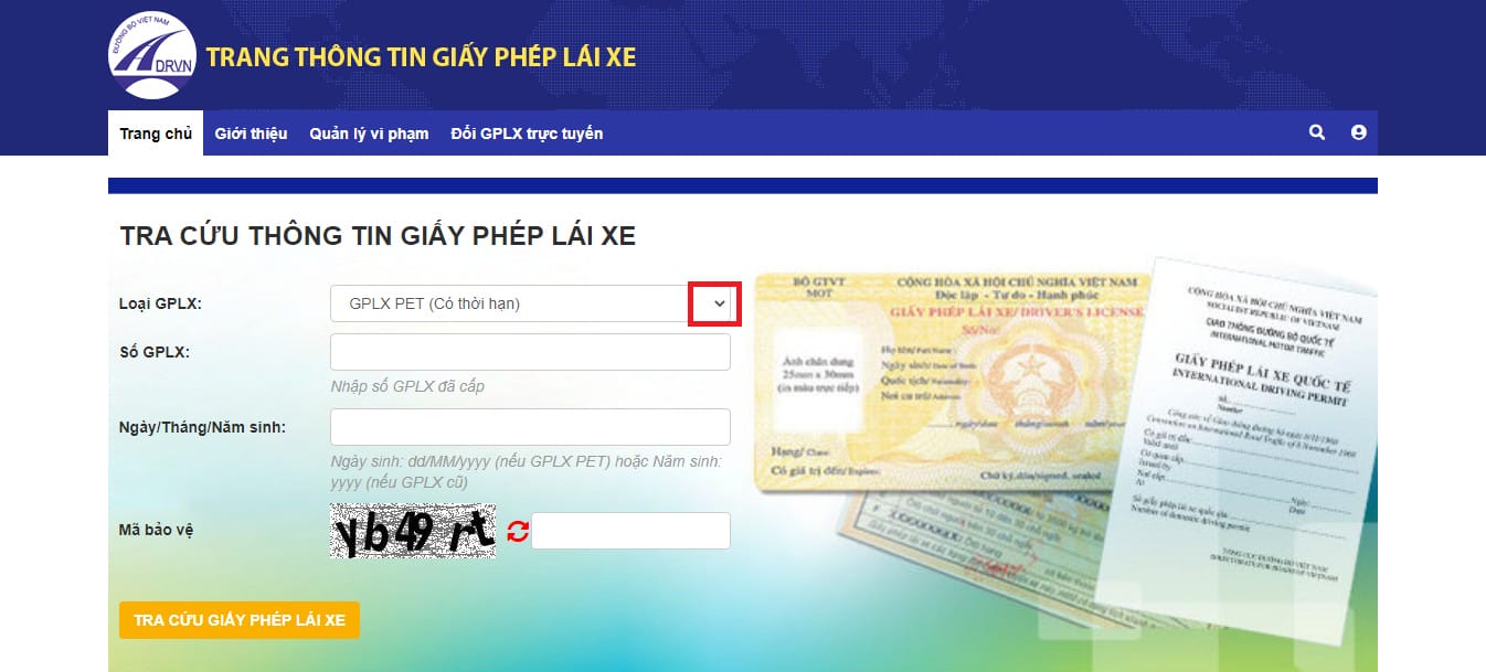 Giao diện tra cứu thông tin bằng lái xe trực tuyến trên Cổng thông tin GPLX quốc gia
