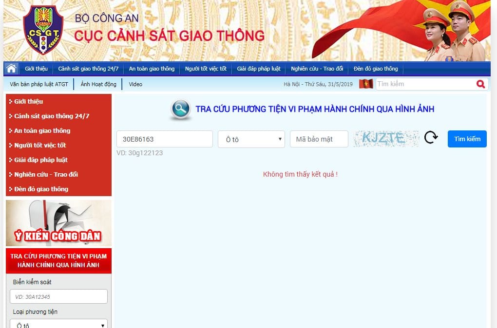 Giao diện tra cứu thông tin vi phạm giao thông trực tuyến của Cục Cảnh sát giao thông