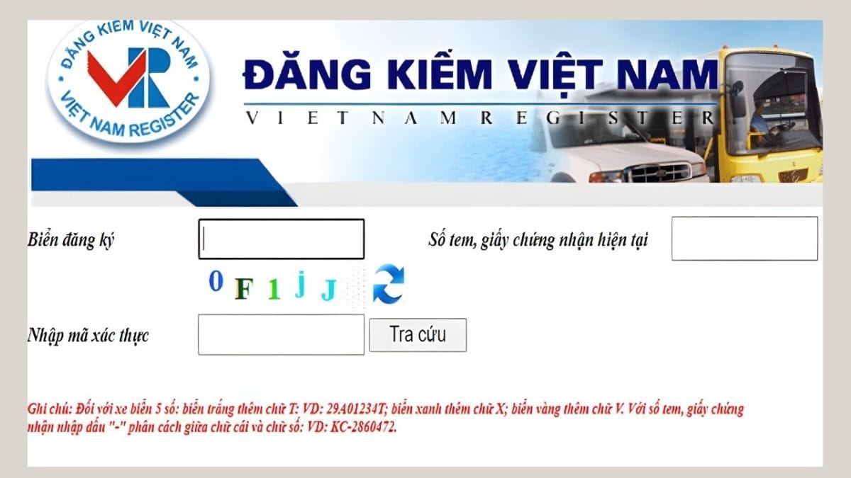 Giao diện trang web Cục Đăng kiểm Việt Nam để tra cứu biển số xe