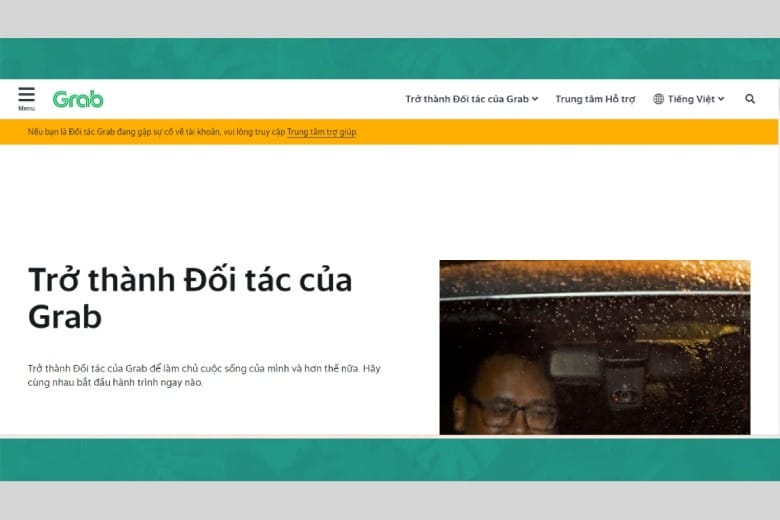 Giao diện trang web đăng ký tài xế Grab, bước đầu tiên để biết **đăng ký chạy Grab hết bao nhiêu tiền**.