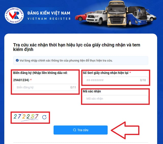 Giao diện trang web tra cứu thông tin gia hạn kiểm định của Cục Đăng kiểm Việt Nam.