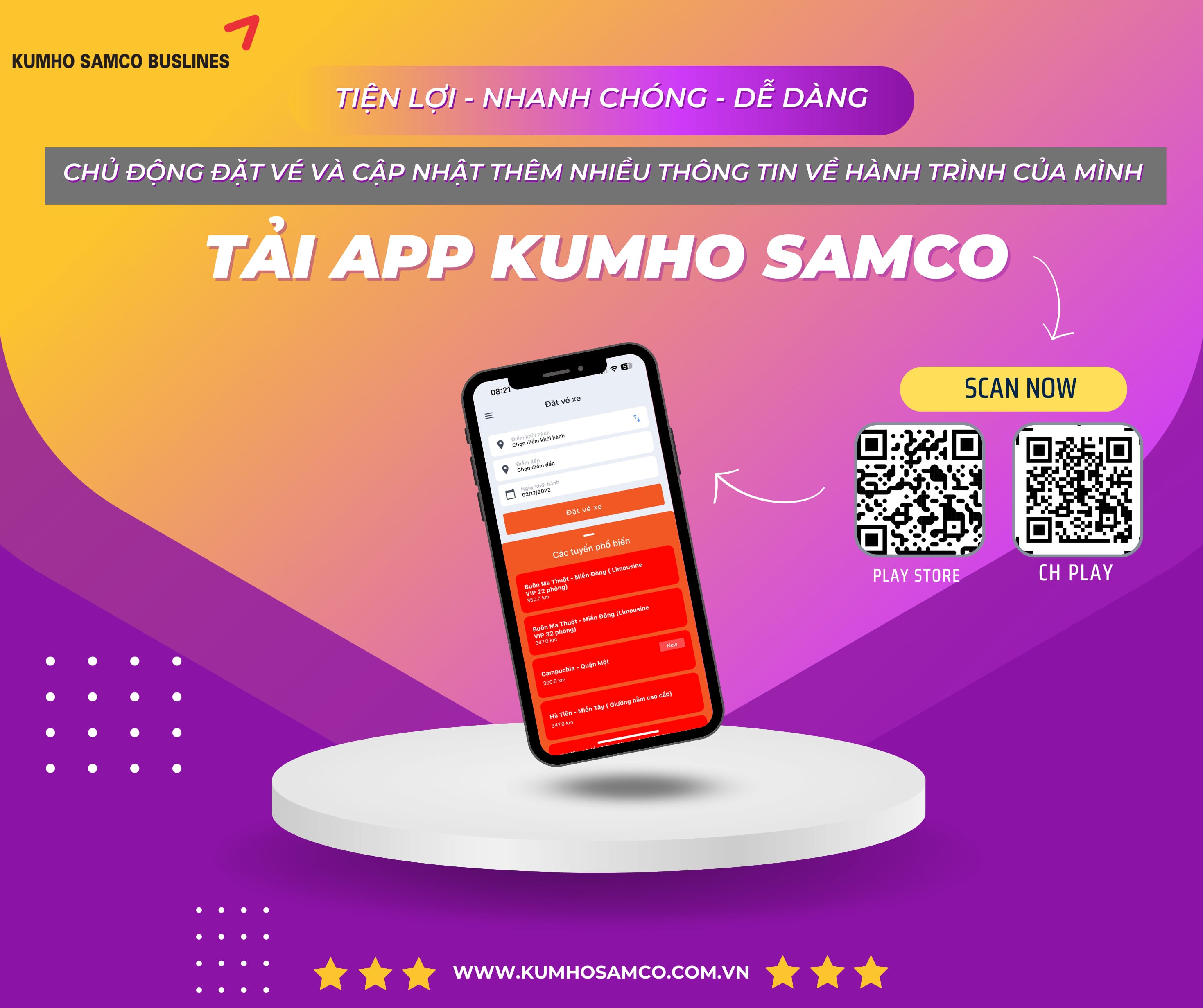 Giao diện ứng dụng đặt vé Kumho Samco tiện lợi trên điện thoại