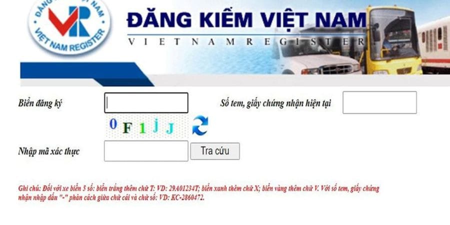 Giao diện website Cục Đăng Kiểm Việt Nam để tra cứu thông tin xe qua biển số ô tô