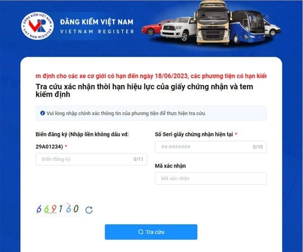Giao diện website Cục Đăng kiểm Việt Nam giúp chủ xe tra cứu gia hạn kiểm định nhanh chóng