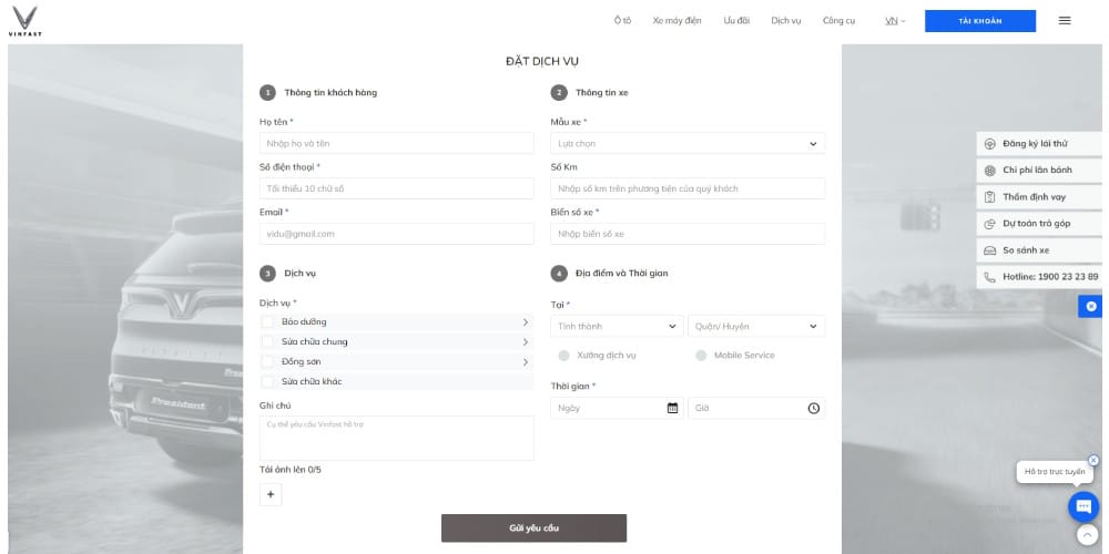Giao diện website đặt lịch bảo dưỡng xe VinFast trực tuyến tiện lợi cho chủ xe