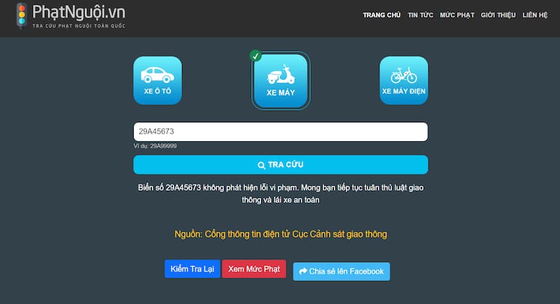 Giao diện website Phatnguoi.vn để kiểm tra lỗi phạt nguội ô tô