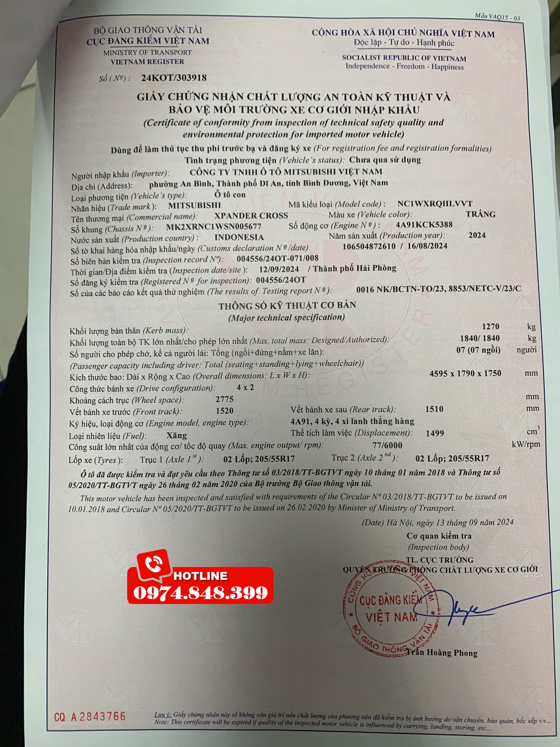 Giấy chứng nhận chất lượng kỹ thuật bảo vệ môi trường xe Xpander Cross