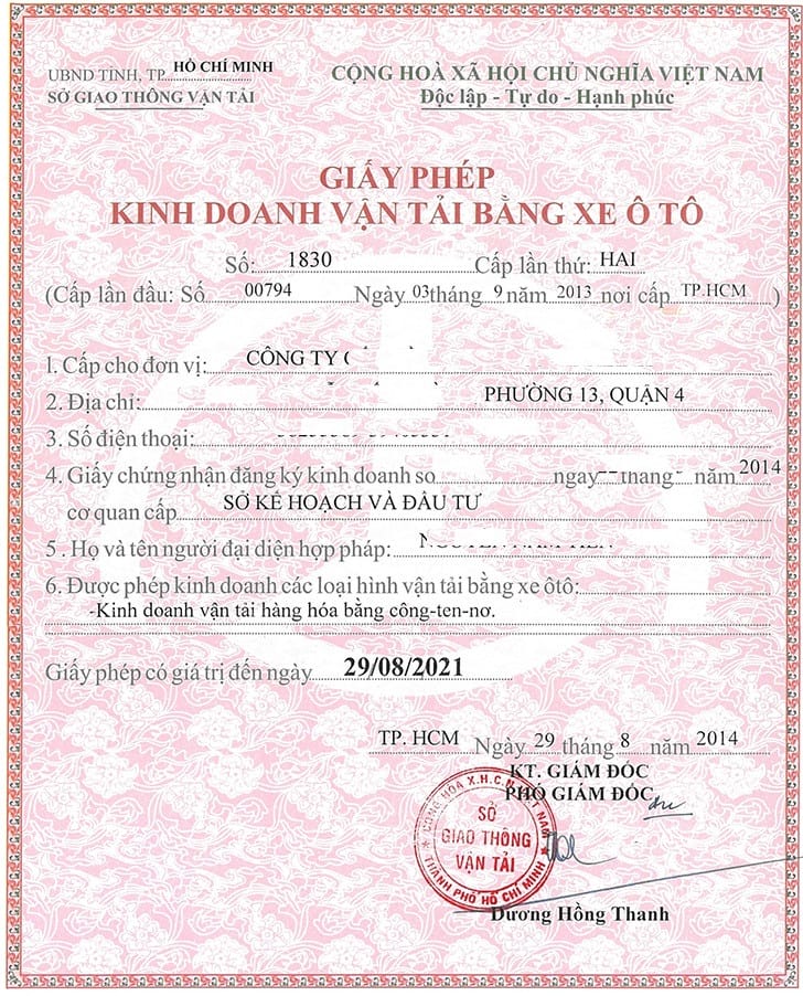 Giấy chứng nhận đăng ký kinh doanh vận tải