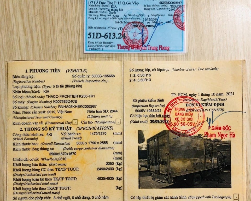 Giấy đăng kiểm xe tải Kia K250 thùng kín đời 2019