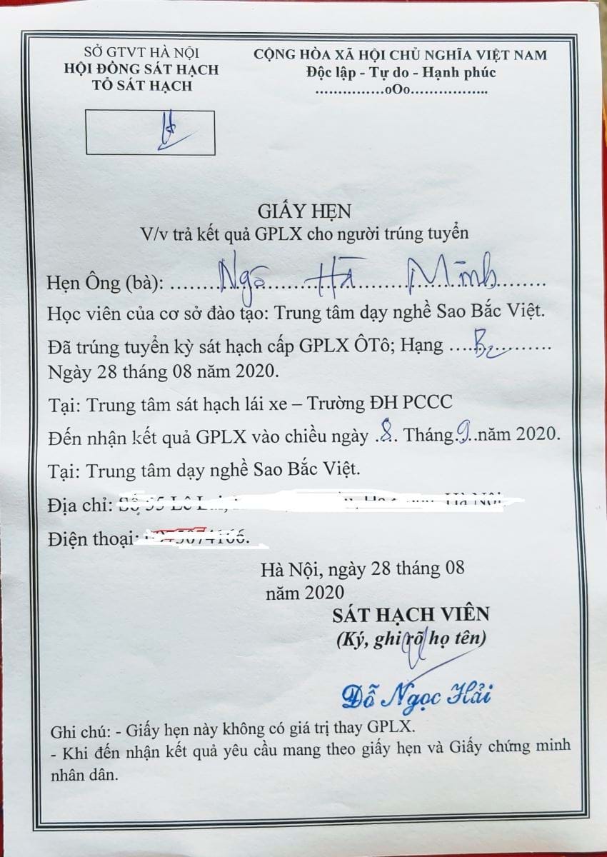 Giấy hẹn nhận giấy phép lái xe hạng B2 sau khi hoàn tất thi