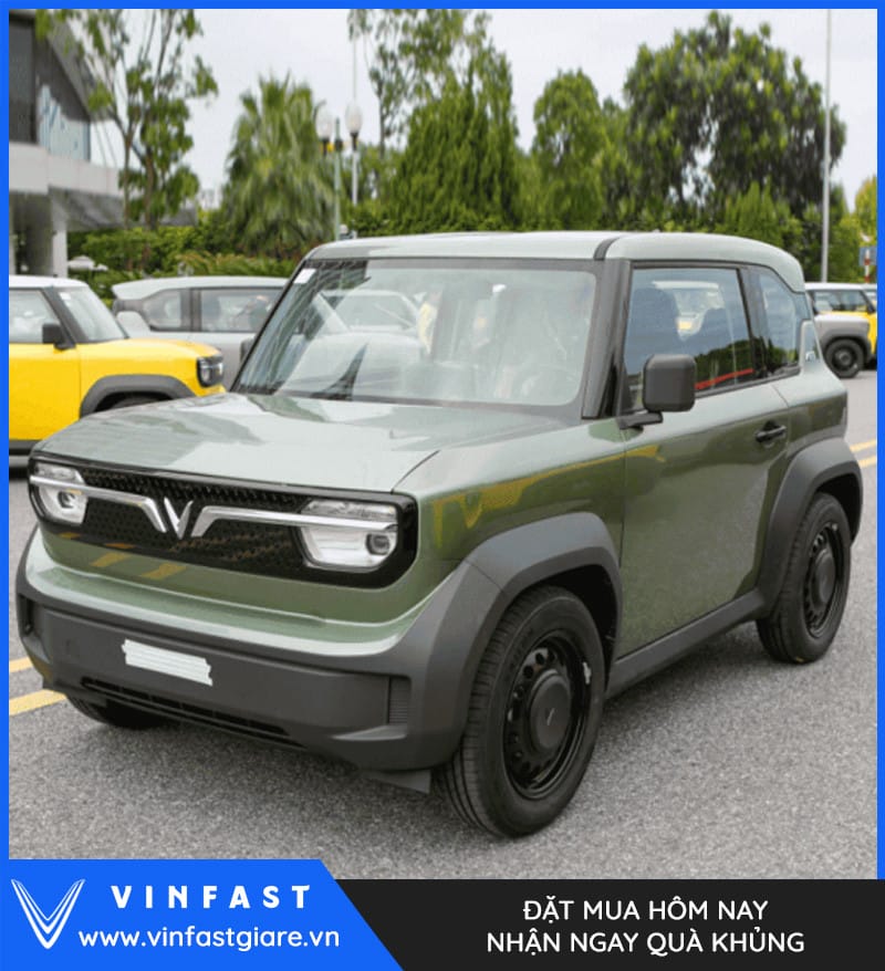 Góc nhìn ngoại thất xe VinFast VF3 màu xanh rêu, nhấn mạnh đường nét mạnh mẽ