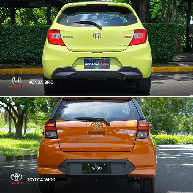 Góc nhìn phía sau của hai mẫu xe Honda Brio và Toyota Wigo, so sánh thiết kế đuôi xe và cụm đèn hậu.