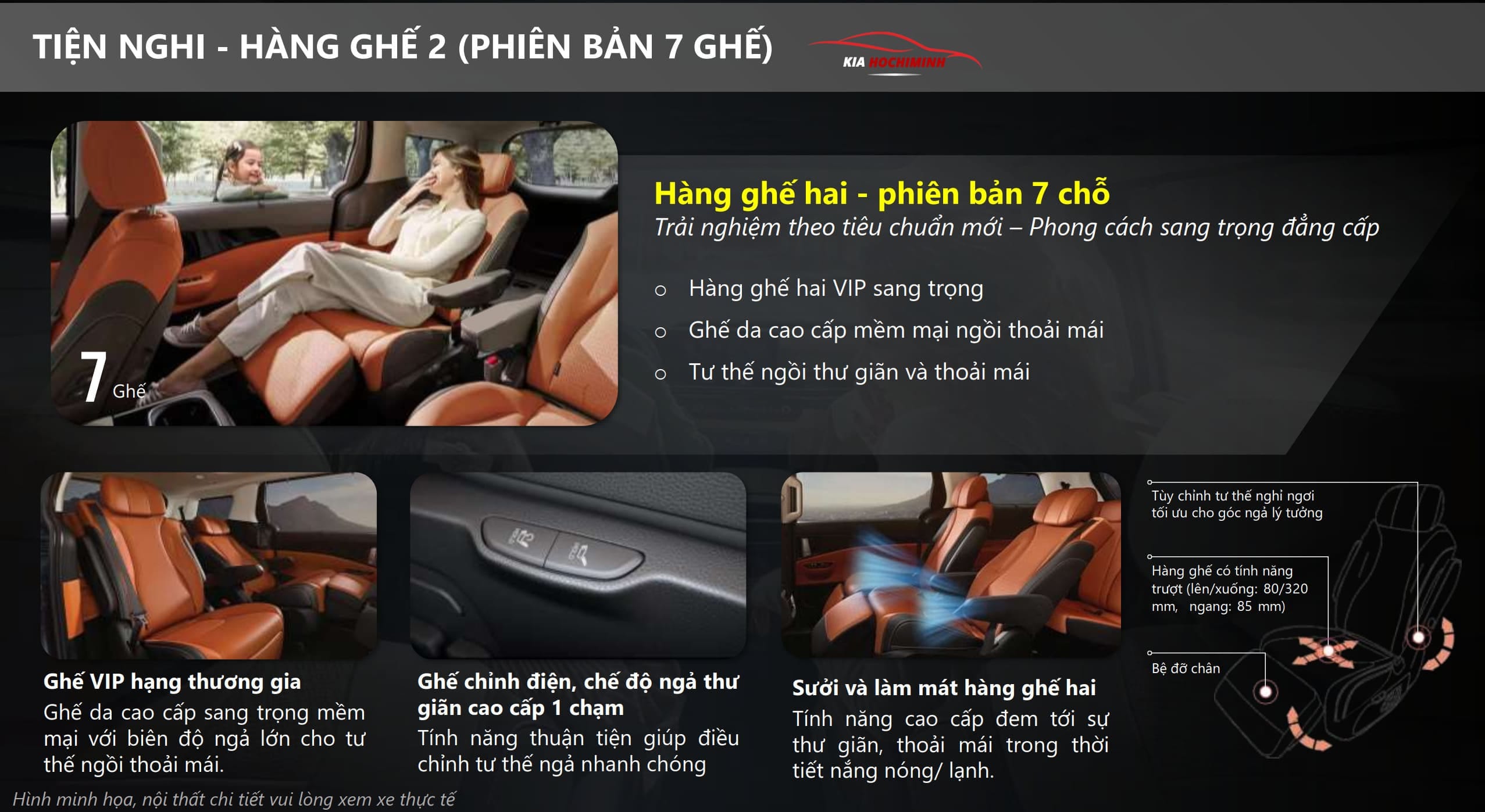 Hàng ghế thứ hai hạng thương gia trên Kia Carnival Royal 7 chỗ với đệm đỡ bắp chân