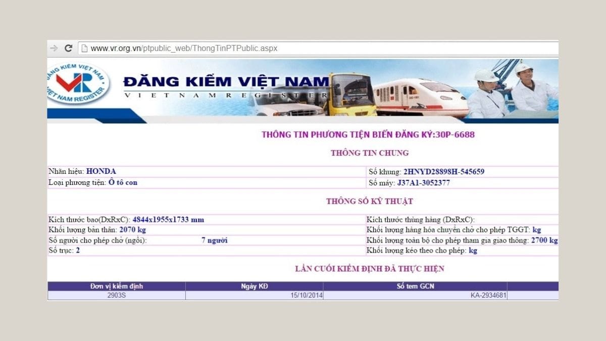 Hiển thị kết quả tra cứu thông tin chi tiết của phương tiện và chủ xe