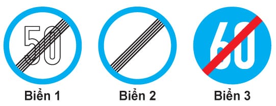Hình ảnh ba biển báo giao thông: biển hết tốc độ tối đa cho phép, biển hết mọi lệnh cấm và biển hết tốc độ tối thiểu