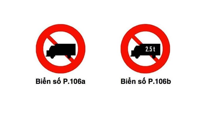 Hình ảnh biển báo P.106 cấm xe tải, minh họa cho quy định về tải trọng