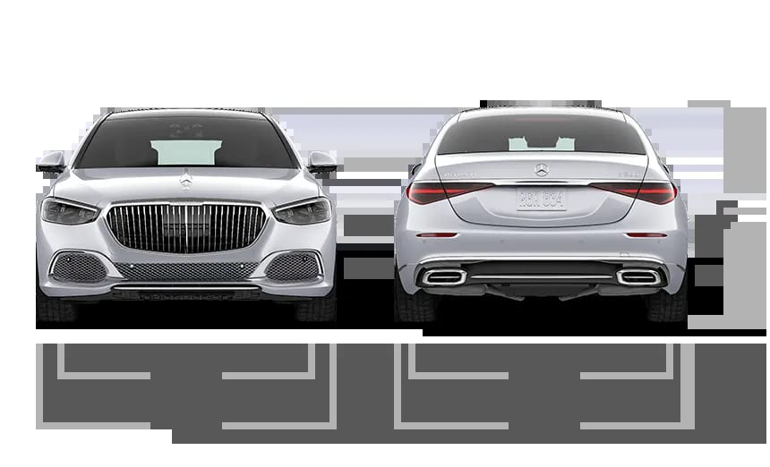 Hình ảnh Mercedes-Maybach S 680 4MATIC từ góc trước và sau, minh họa kích thước chiều rộng và chiều cao của xe