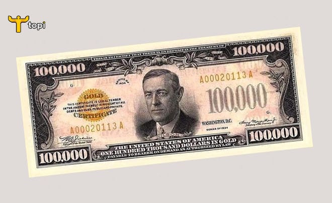 Hình ảnh tờ tiền 100.000 USD, gợi mở giá trị lớn của 200.000 đô