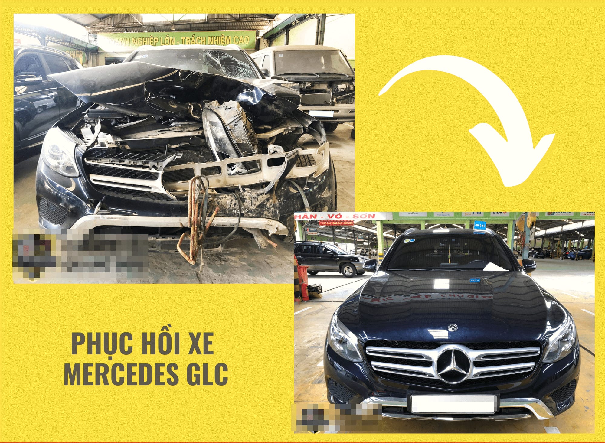 Hình ảnh xe Mercedes GLC được phục hồi sau tai nạn nặng, minh họa việc che giấu dấu hiệu xe tai nạn