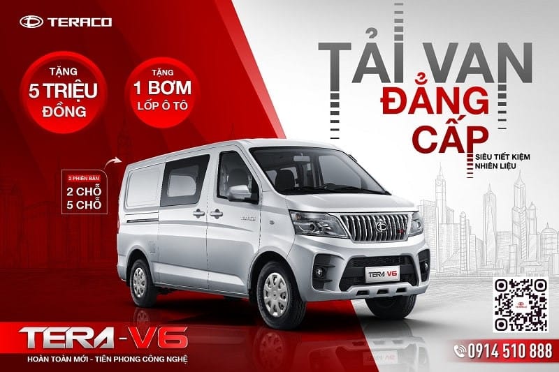 Hình ảnh xe tải van Tera V6 đang di chuyển trên đường phố, minh họa khả năng lưu thông trong đô thị