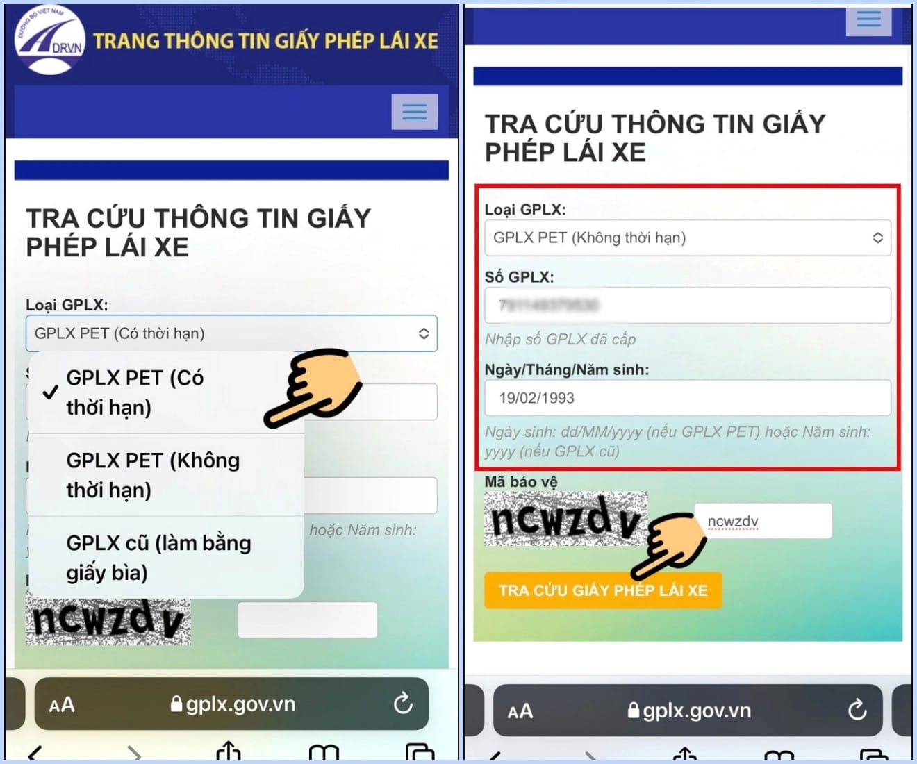 Hướng dẫn nhập thông tin để xác minh tính hợp lệ của giấy phép lái xe trên trang Cục Đường bộ