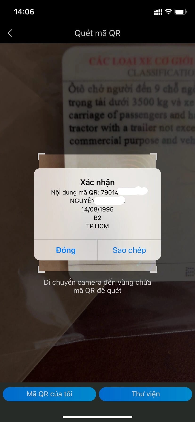 Kết quả quét mã QR hiển thị thông tin chi tiết về giấy phép lái xe hợp lệ
