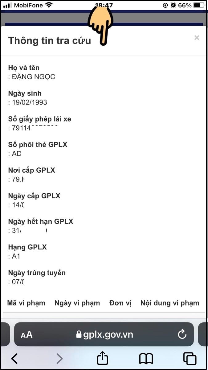 Kết quả tra cứu thông tin giấy phép lái xe thật hiển thị đầy đủ chi tiết