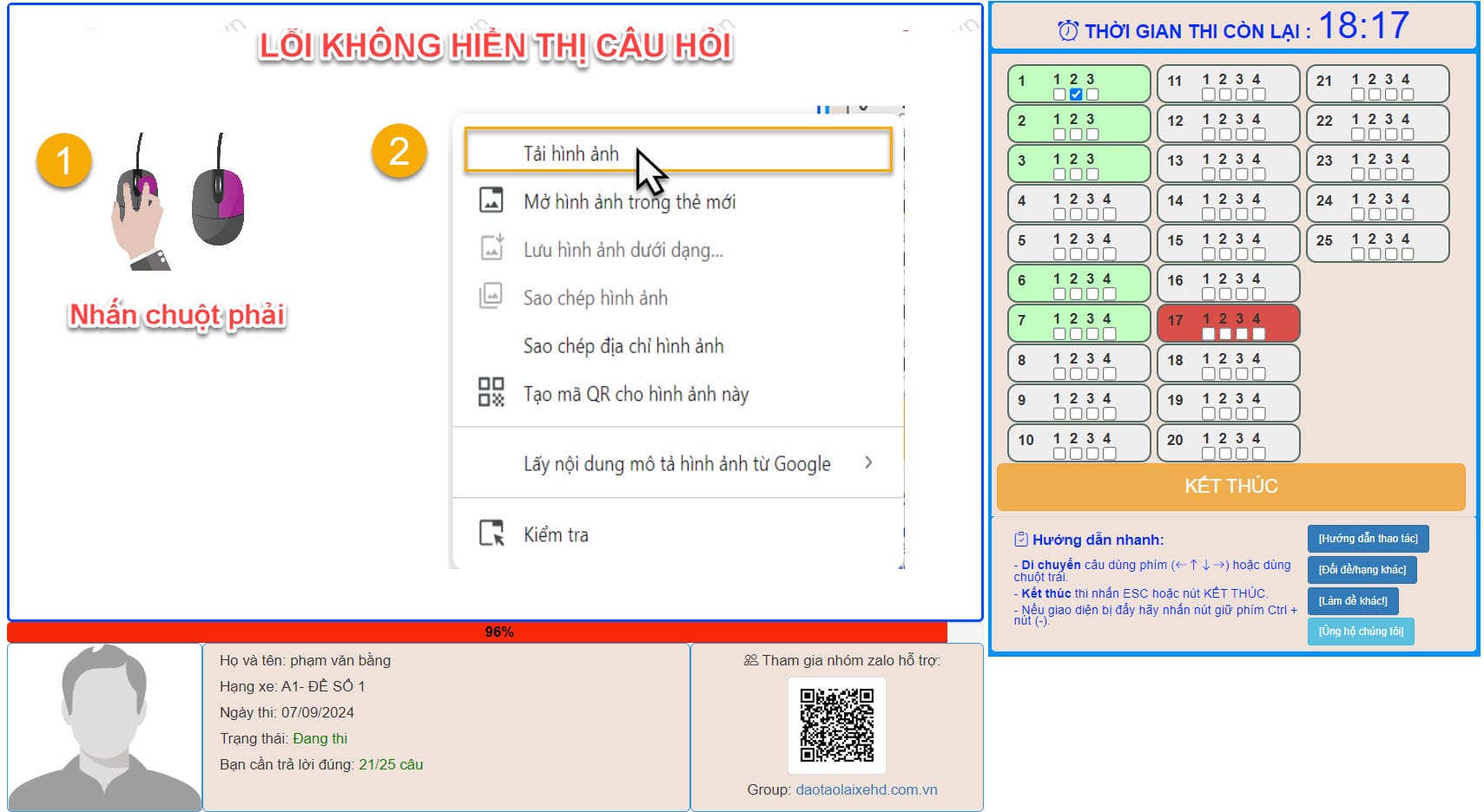 Khắc phục lỗi tải hình ảnh câu hỏi khi thi thử bằng lái hạng A1 online