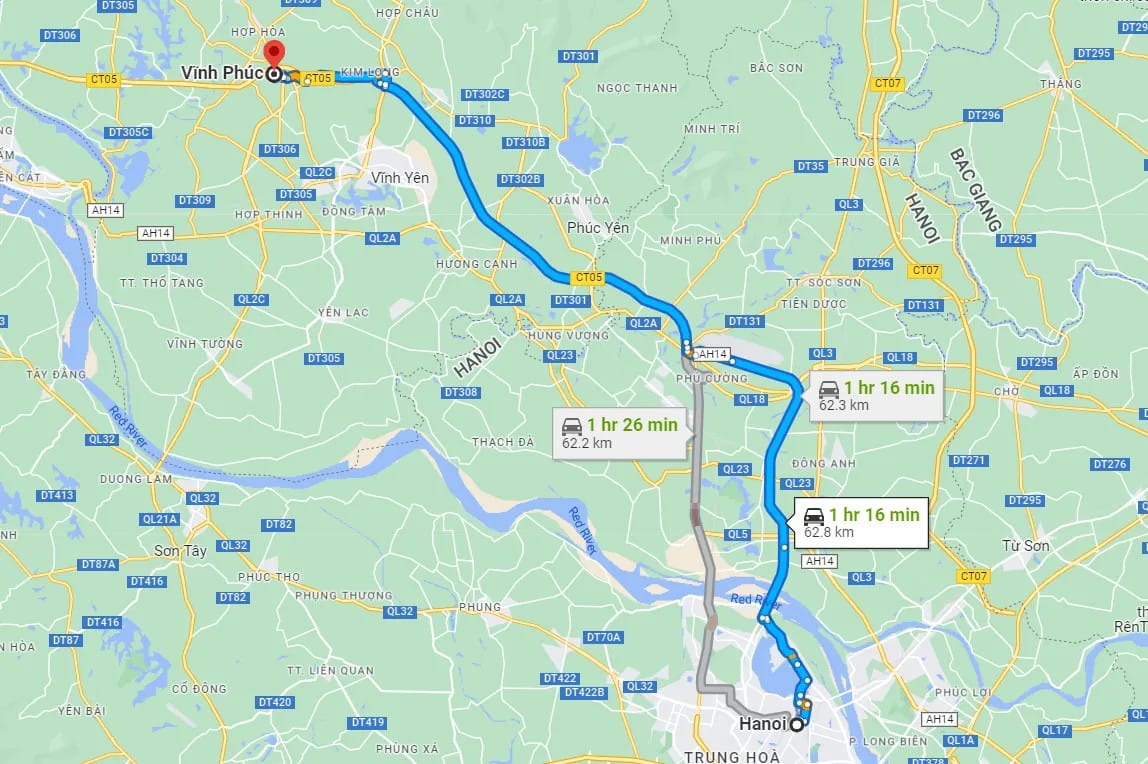 Khoảng cách từ Hà Nội đến Vĩnh Phúc khoảng 63km
