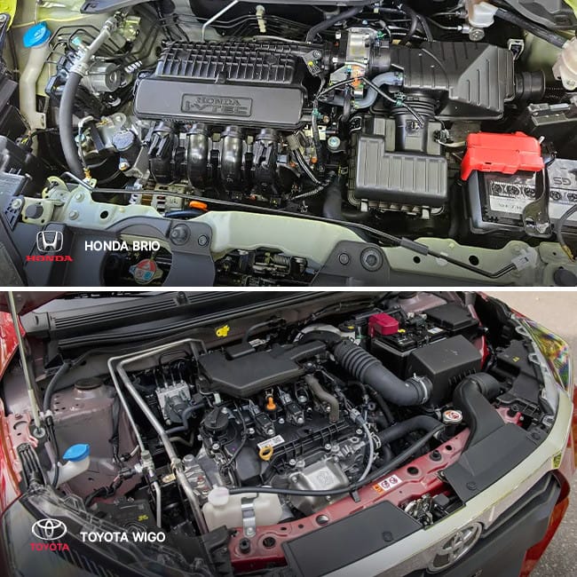 Khoang động cơ của Honda Brio 1.2L 4 xi-lanh, cho thấy cấu trúc và không gian bên trong.