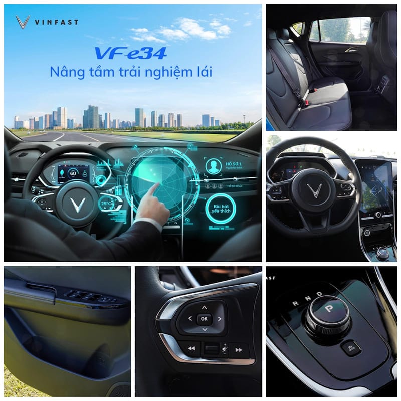 Khoang lái thông minh của VinFast VF e34 với màn hình trung tâm lớn và trợ lý ảo ViVi, mang lại trải nghiệm lái xe tiện nghi và an toàn cho người dùng.