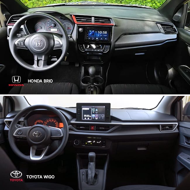 Khoang nội thất của Toyota Wigo với màn hình giải trí trung tâm nổi bật, vô lăng ba chấu và bảng điều khiển hiện đại.