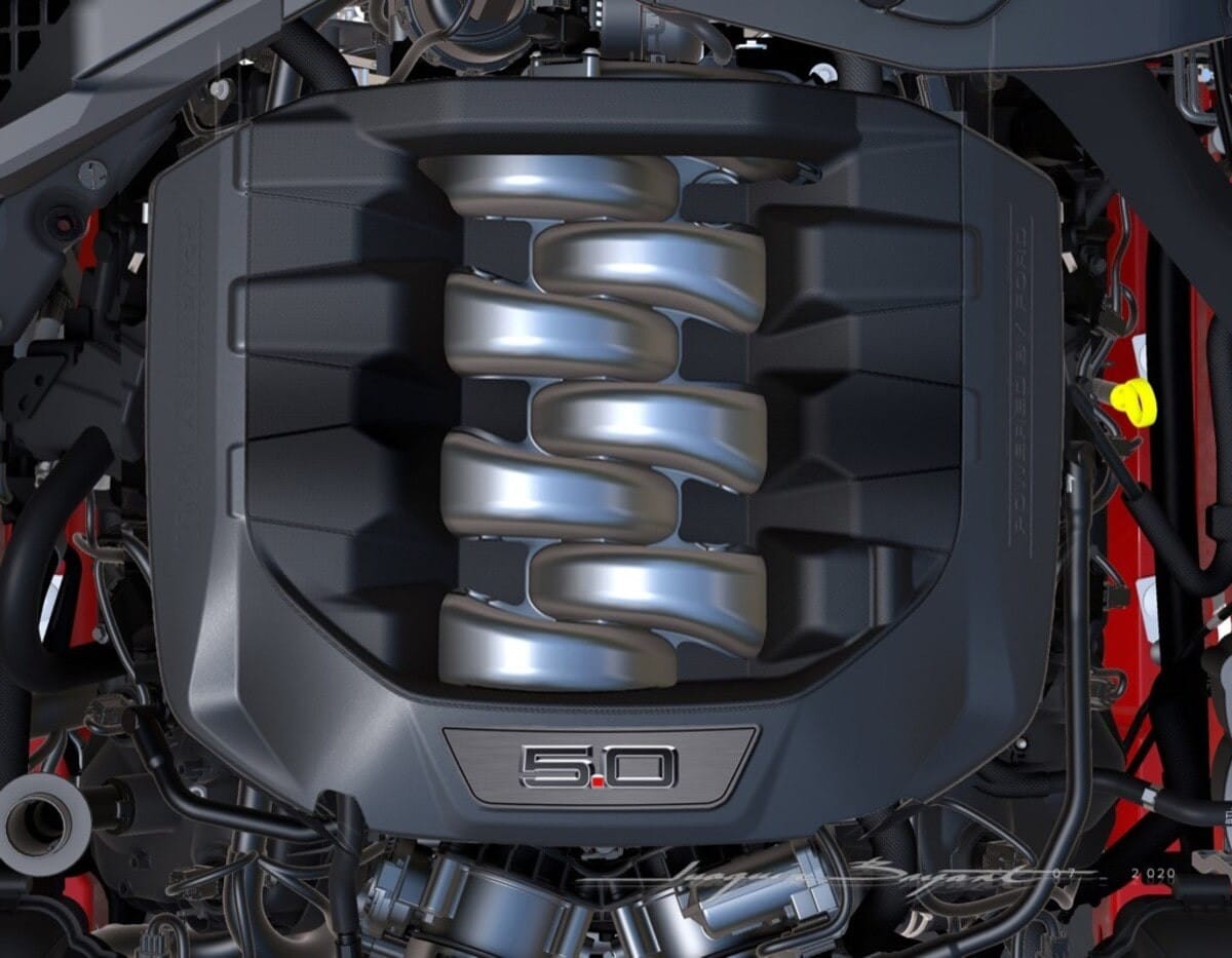 Khối động cơ Coyote V8 5.0L mạnh mẽ của Ford Mustang GT, biểu tượng hiệu suất.