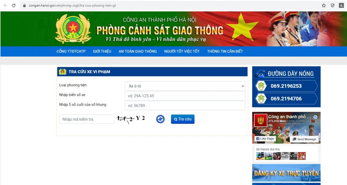 Khu vực mục "Tra cứu xe vi phạm giao thông" trên Cổng thông tin Công an Hà Nội