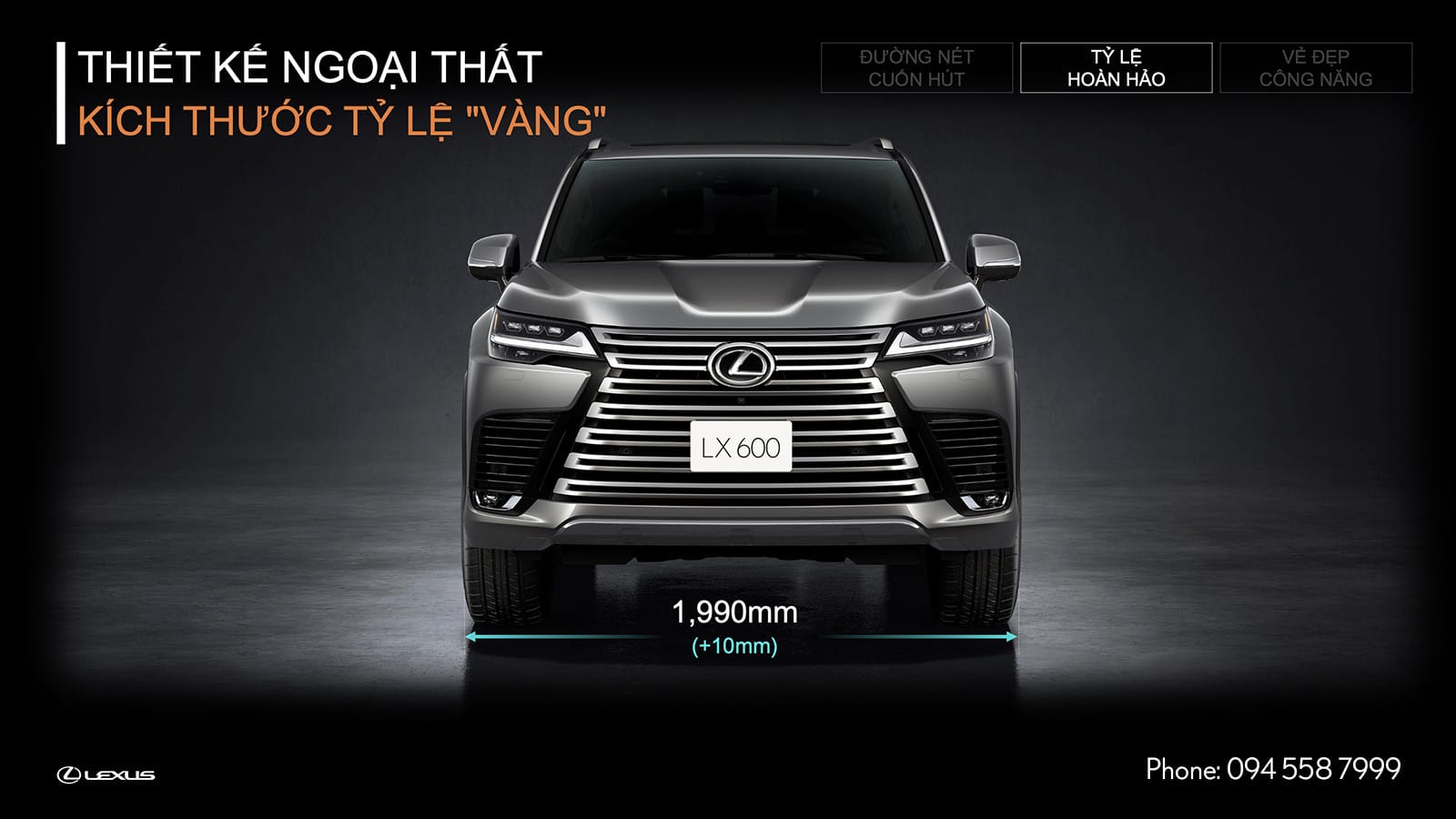 Kích thước phần đầu xe Lexus LX600 với lưới tản nhiệt đặc trưng