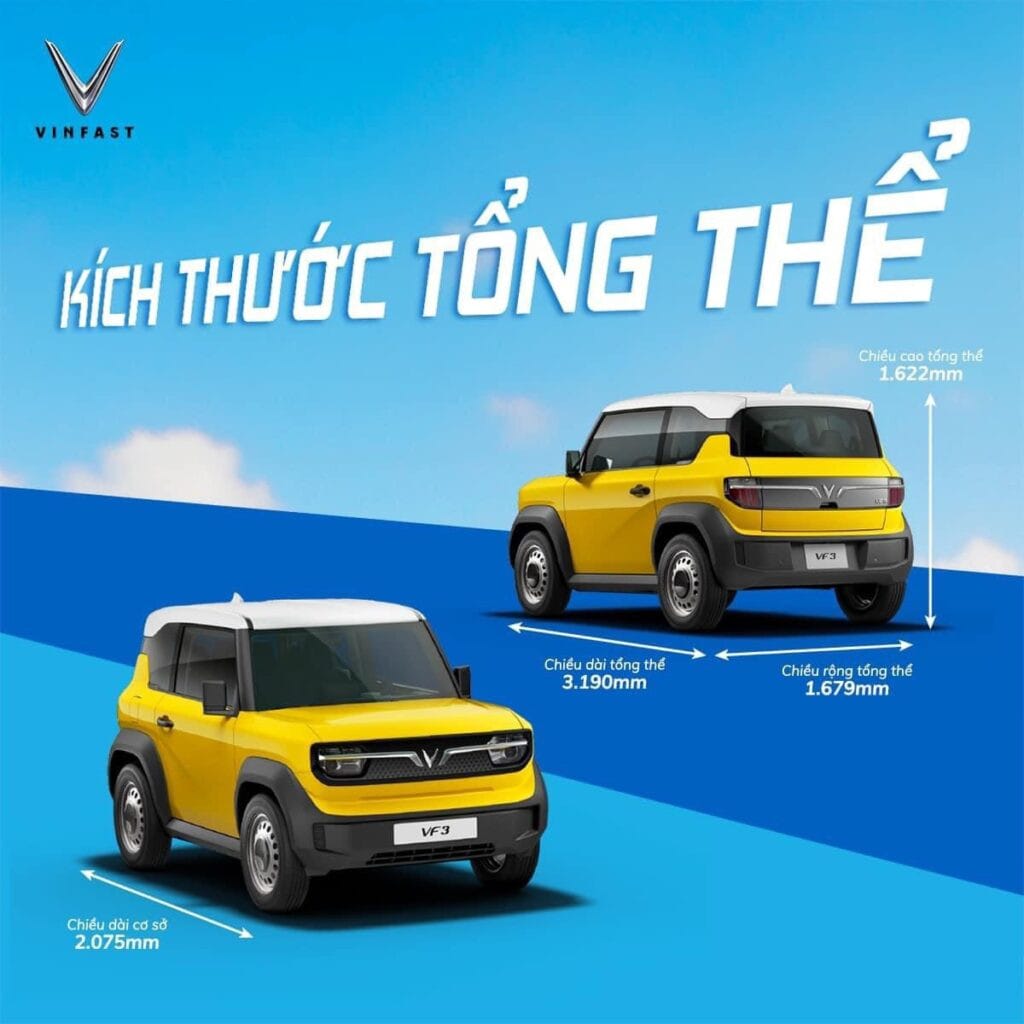 Kích thước tổng thể VinFast VF3, thể hiện sự nhỏ gọn của xe điện