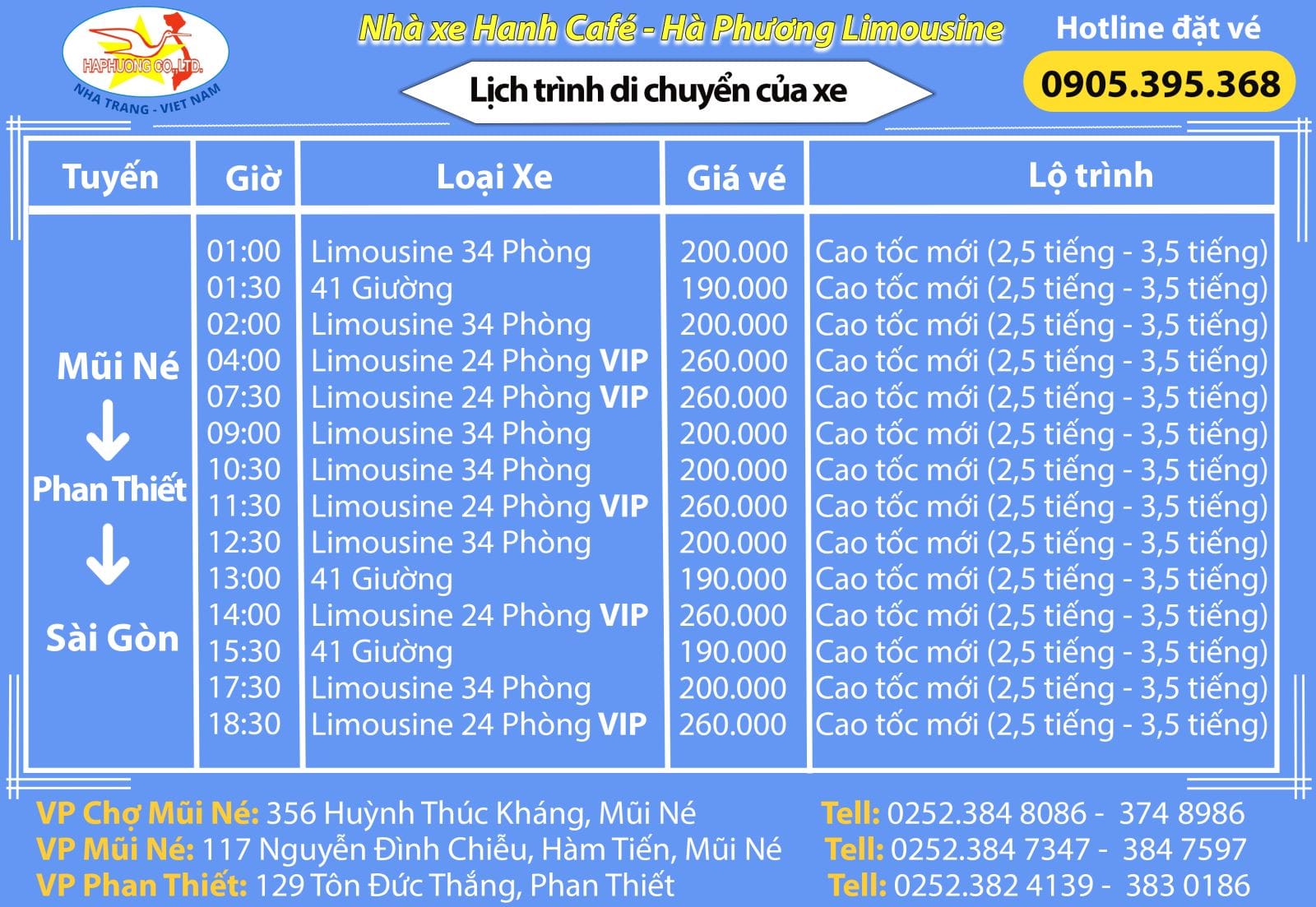 Lịch trình xe Hạnh Cafe Mũi Né Sài Gòn, các khung giờ khởi hành giường nằm VIP.