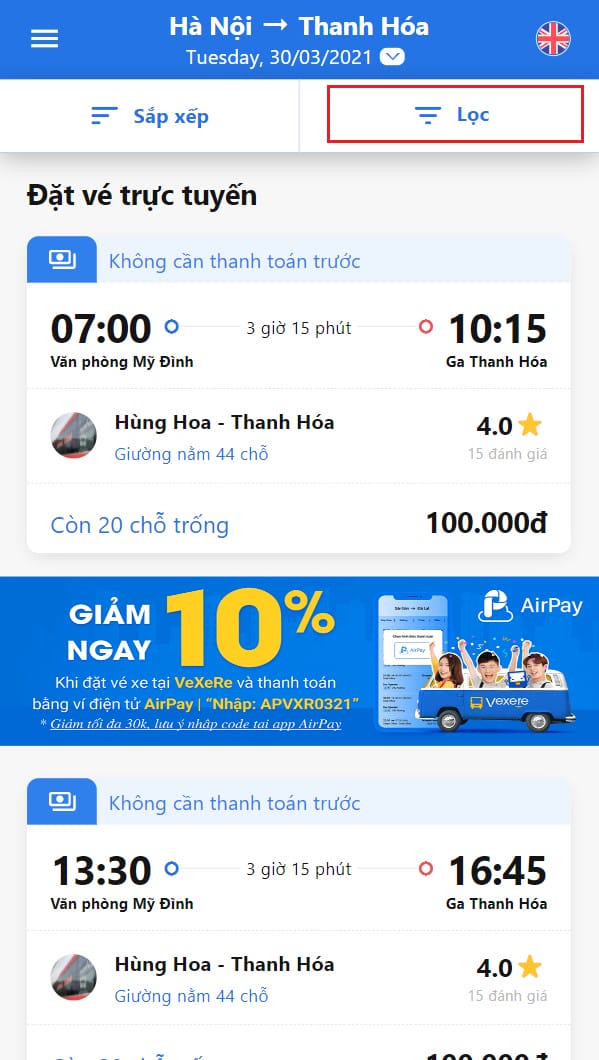 Lọc kết quả tìm kiếm để chọn nhà xe Lý Thảo trên ứng dụng VeXeRe