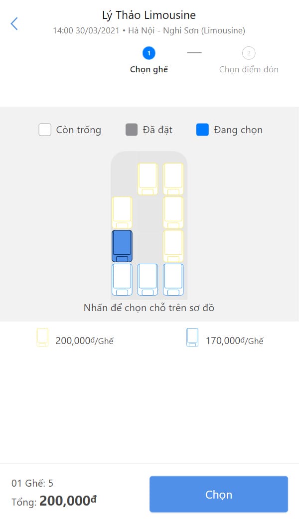 Lựa chọn chỗ ngồi và điểm đón/trả trên xe khách Lý Thảo
