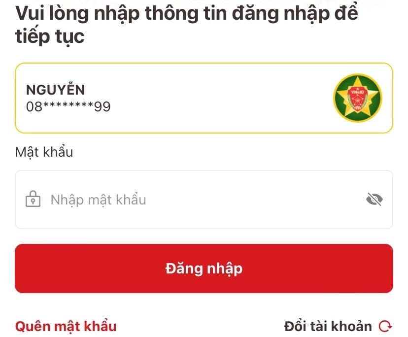 Màn hình đăng nhập tài khoản định danh điện tử VNeID