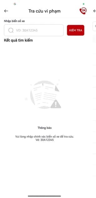 Màn hình điện thoại hiển thị ứng dụng tra cứu phạt nguội, giúp người dùng dễ dàng kiểm tra thông tin vi phạm.