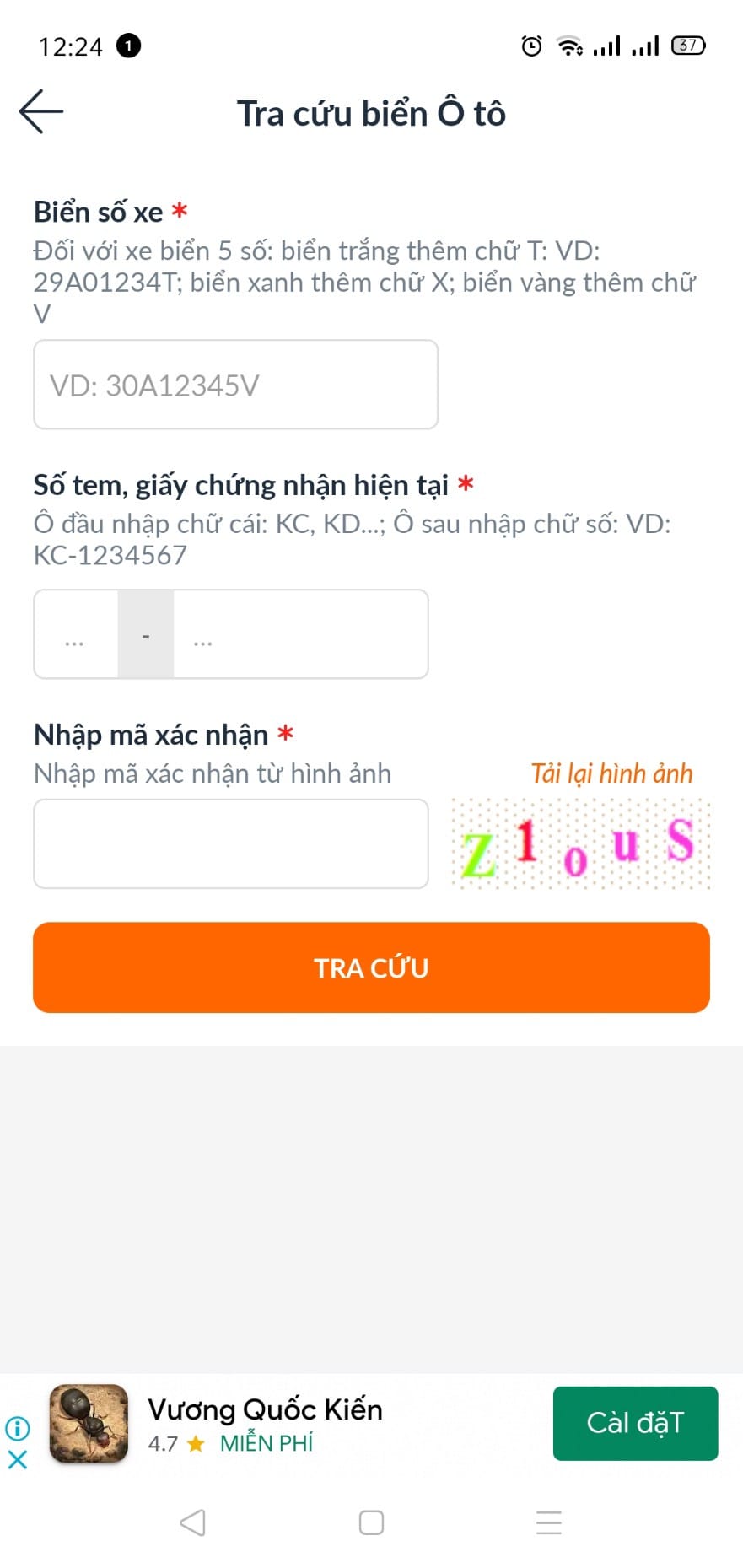 Màn hình điện thoại hiển thị ứng dụng tra cứu thông tin biển số xe, liên quan đến phần mềm check gốc xe máy