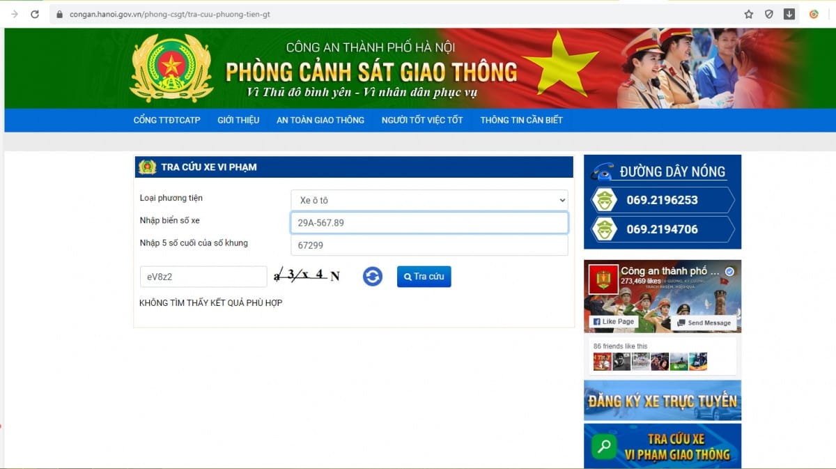 Màn hình hiển thị kết quả không tìm thấy vi phạm khi check phạt nguội Hà Nội