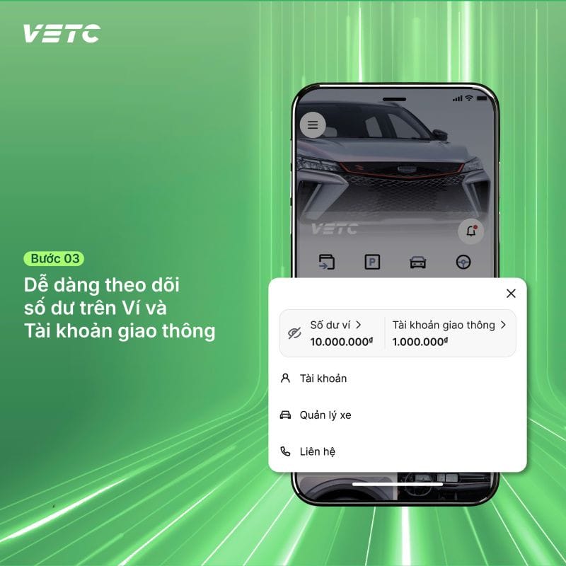 Màn hình hiển thị số dư ví và tài khoản giao thông VETC